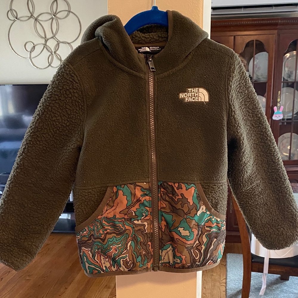 The North Face Olive Sherpa Jacket with Camo Accent Pockets